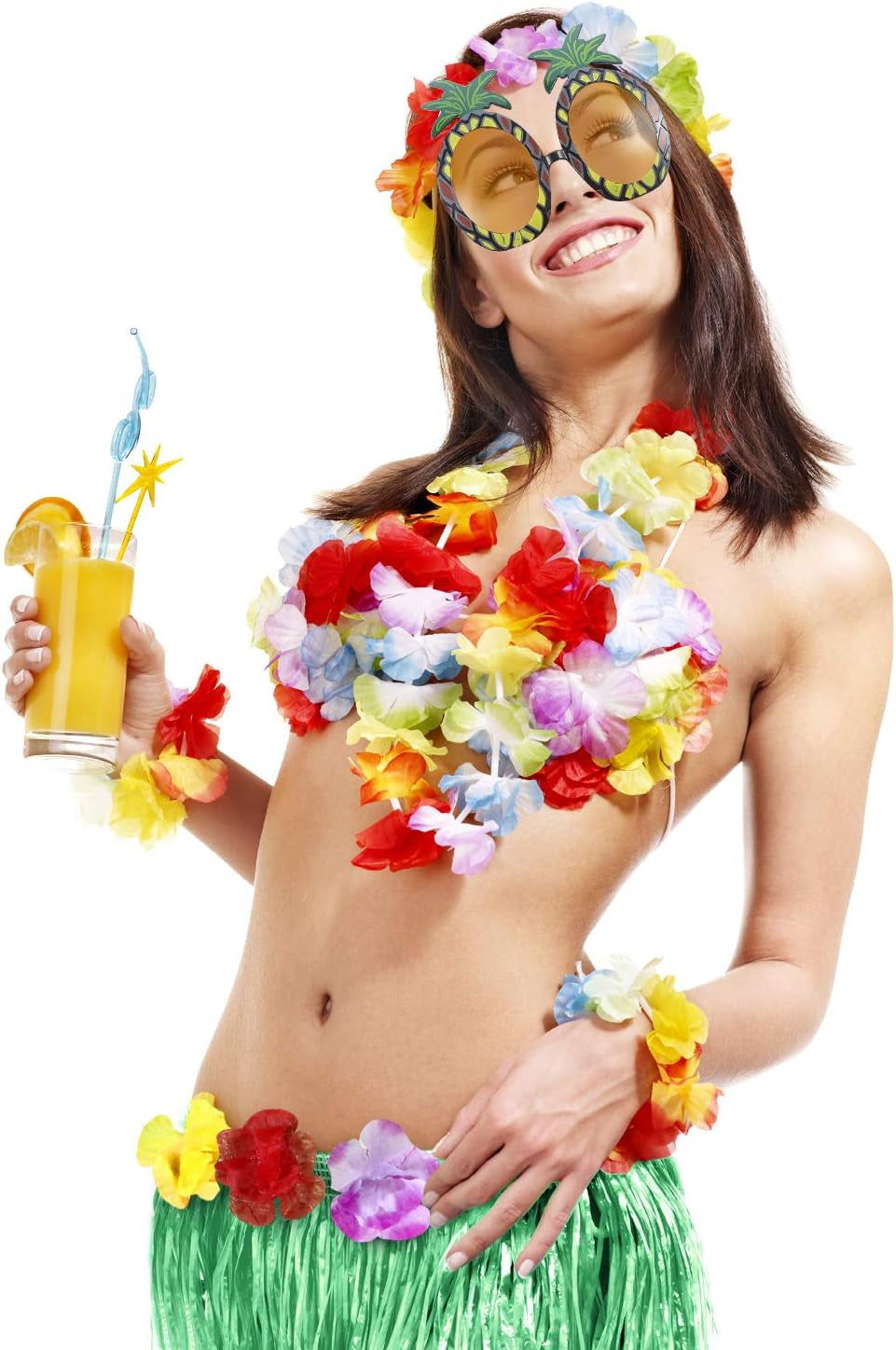 8 Pieces Hawaiian Grass Hula Skirt Costume Set Necklace Garland Bracelet Bikini Top for Women Tropical Luau Party Decoration
