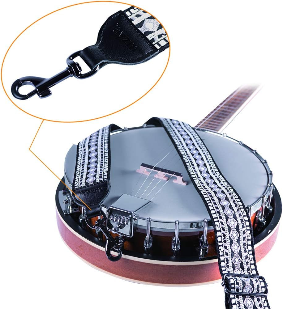 Banjo Embroidery, Jacquard Woven Cotton Banjo Strap with Metal Clip Hooks, Width 5 Cm, Adjustable Length