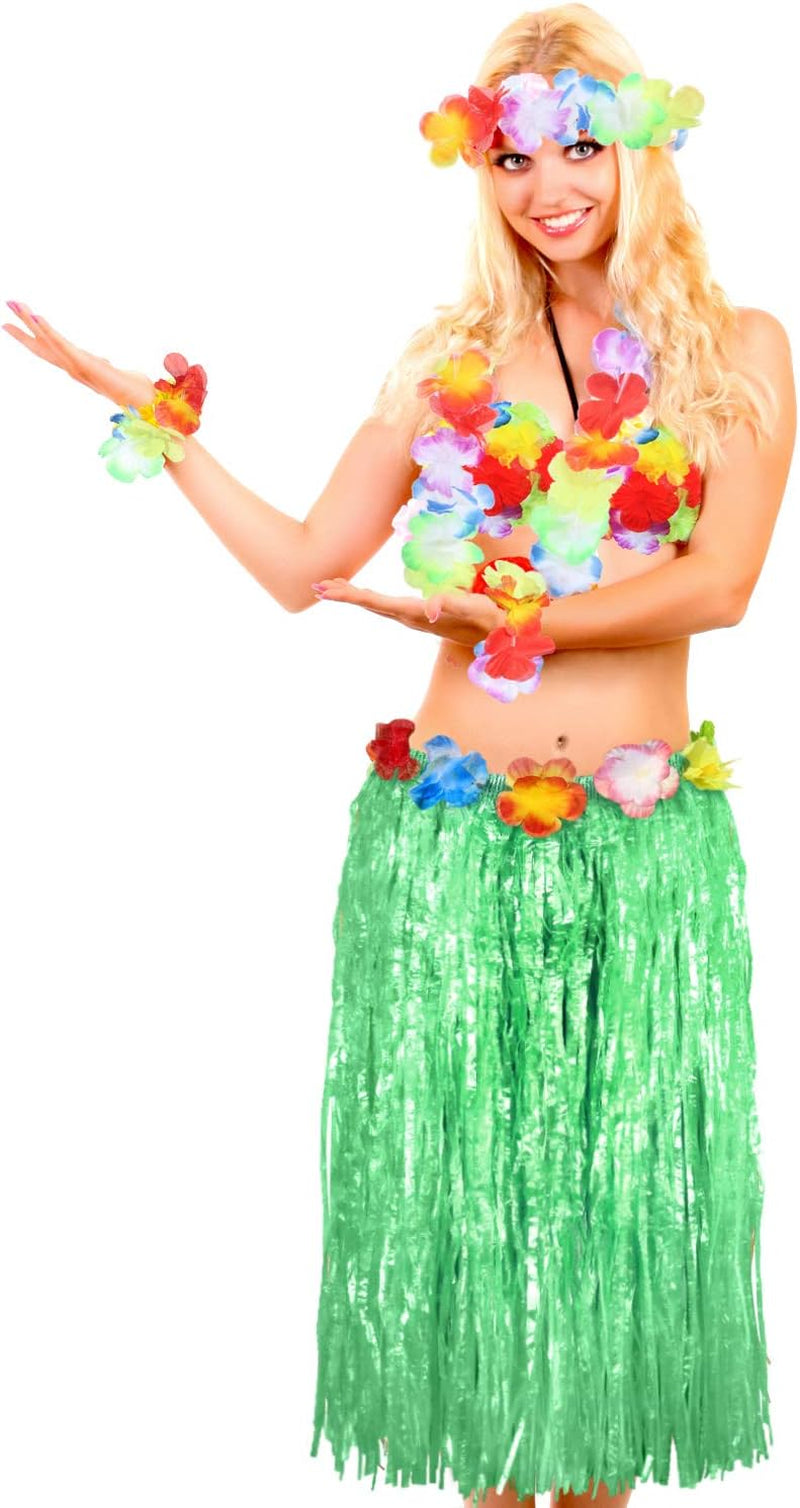 8 Pieces Hawaiian Grass Hula Skirt Costume Set Necklace Garland Bracelet Bikini Top for Women Tropical Luau Party Decoration