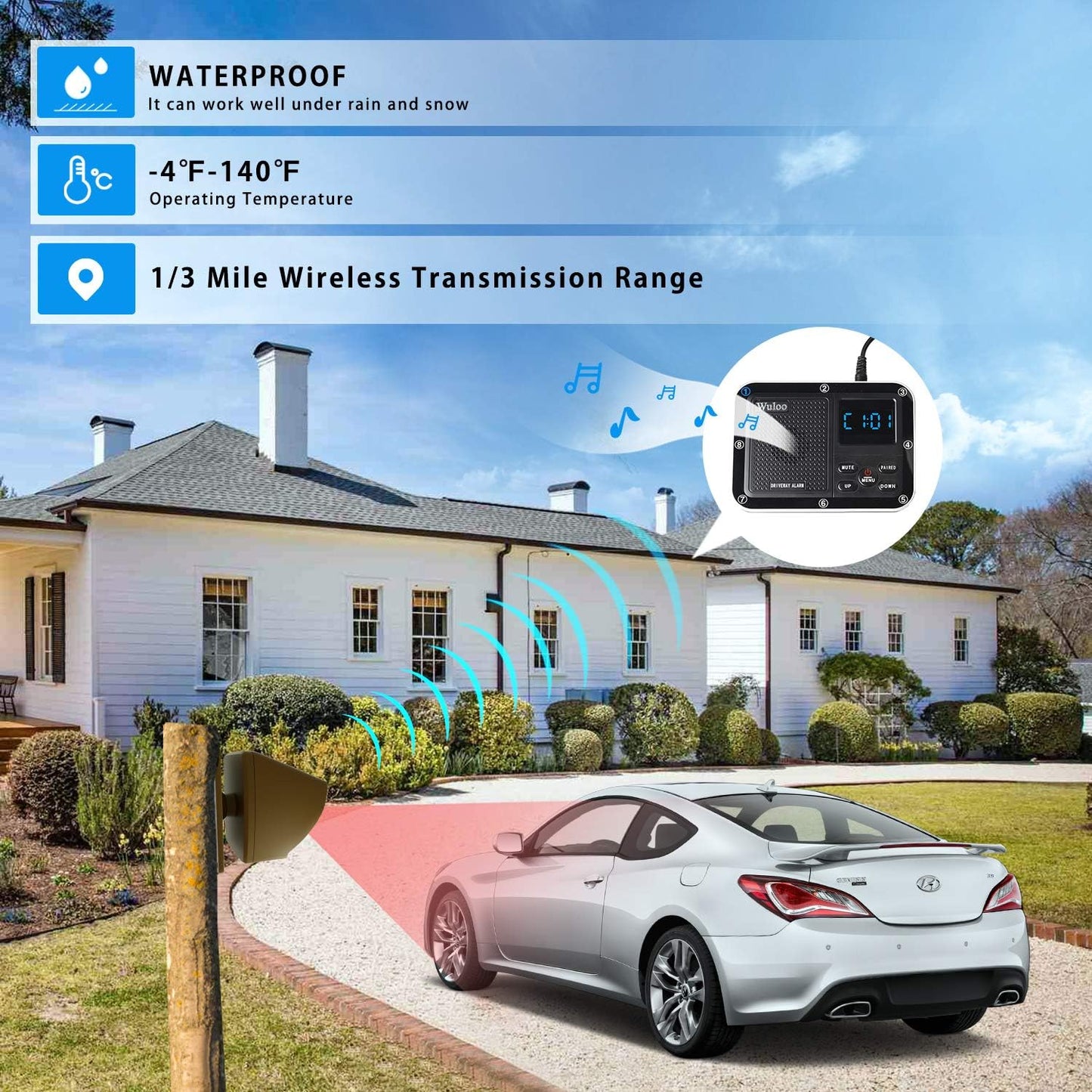 Solar Driveway Alarm Wireless outside 1800Ft Range, Outdoor Motion Sensor & Detector Driveway Alert System with Rechargeable Battery/Weatherproof/Mute Mode(1&2-Brown)