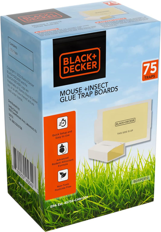 BLACK+DECKER Sticky Traps for Mouse & Insect- Pre-Baited Glue Traps- Glue Boards for Mice, Flies, Spiders, Cockroaches & Other Bugs- Eco Friendly, Odorless Attractant, 75 Pack