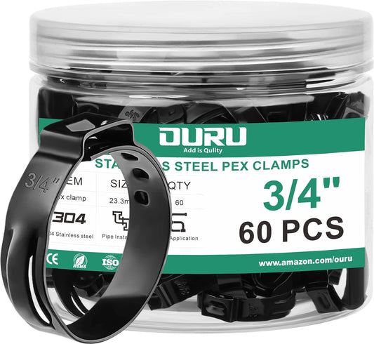 60Pcs 3/4 Inch Black Pex Clamps Crimp Rings Set,304 Stainless Steel Single Ear Hose Clamps,Pex Fittings Cinch Pinch Clamps for Pex Pipe Tubing Fitting Connections(Black)