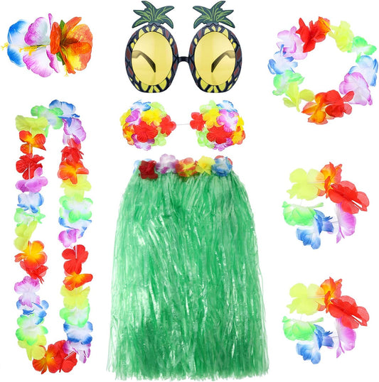 8 Pieces Hawaiian Grass Hula Skirt Costume Set Necklace Garland Bracelet Bikini Top for Women Tropical Luau Party Decoration