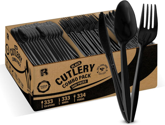 1000 Pcs Black Plastic Utensils Set - Plastic Forks Spoons and Knives Set - Medium Black Plastic Silverware Set, 334 Forks 333 Teaspoons 333 Knives, Disposable Utensils - Packaging May Vary
